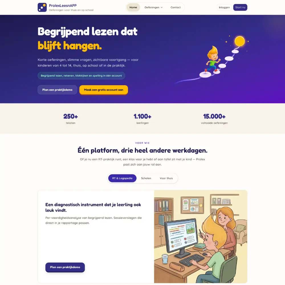 Website van leerplatform Prolex, met leesoefeningen en mogelijkheden voor scholen en praktijken